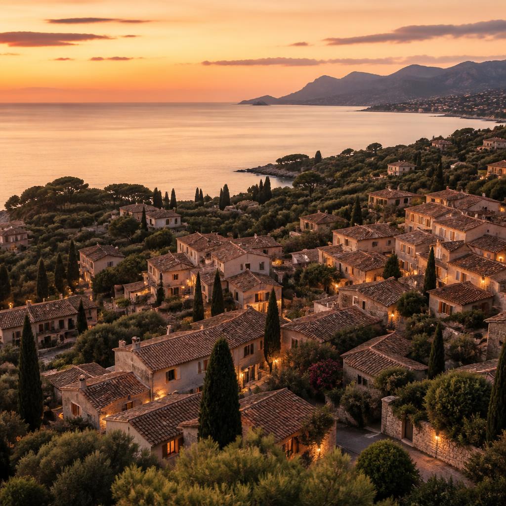 Mediterranean coastal village at dusk